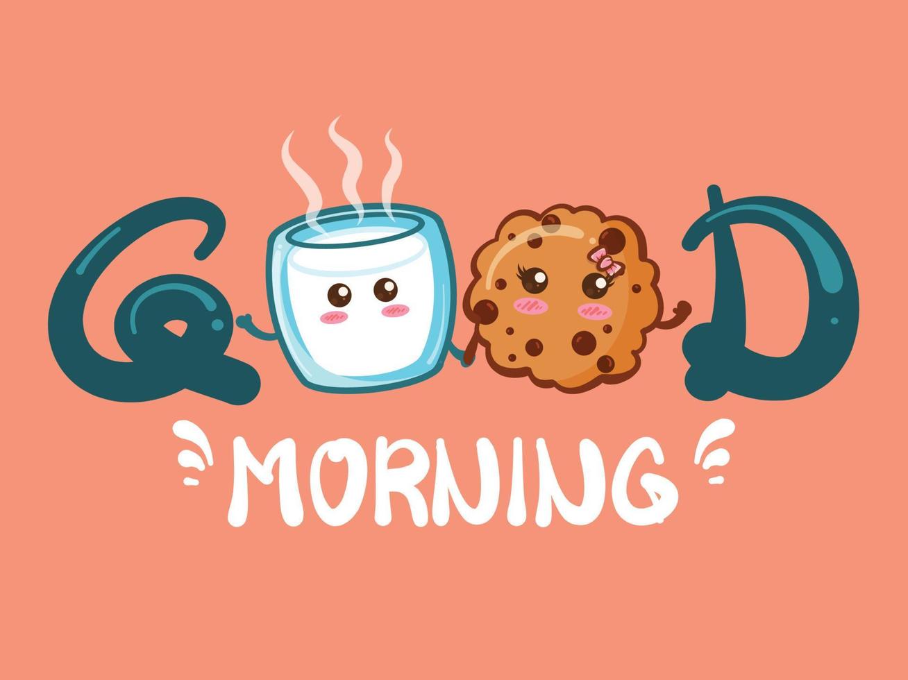 lindas galletas choco chips y vaso de leche. concepto de buenos días. dibujos animados vector