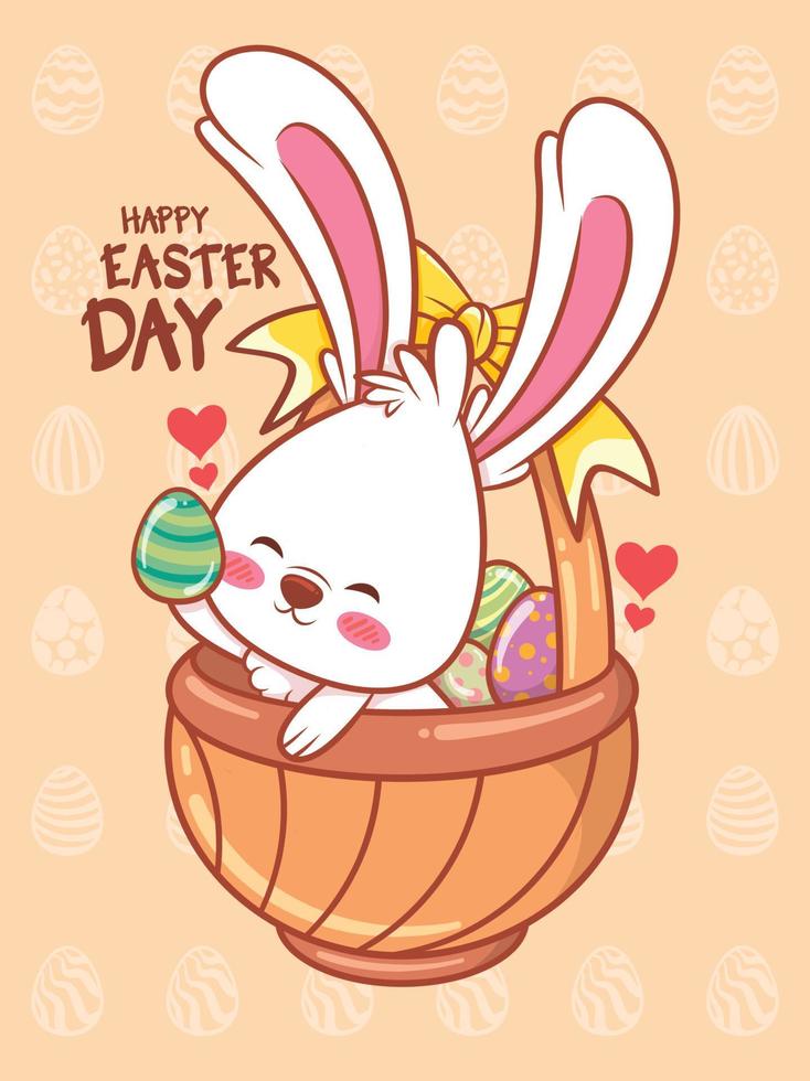 lindo conejito con huevos de pascua decorados. ilustración de personaje de dibujos animados concepto de feliz día de pascua. vector