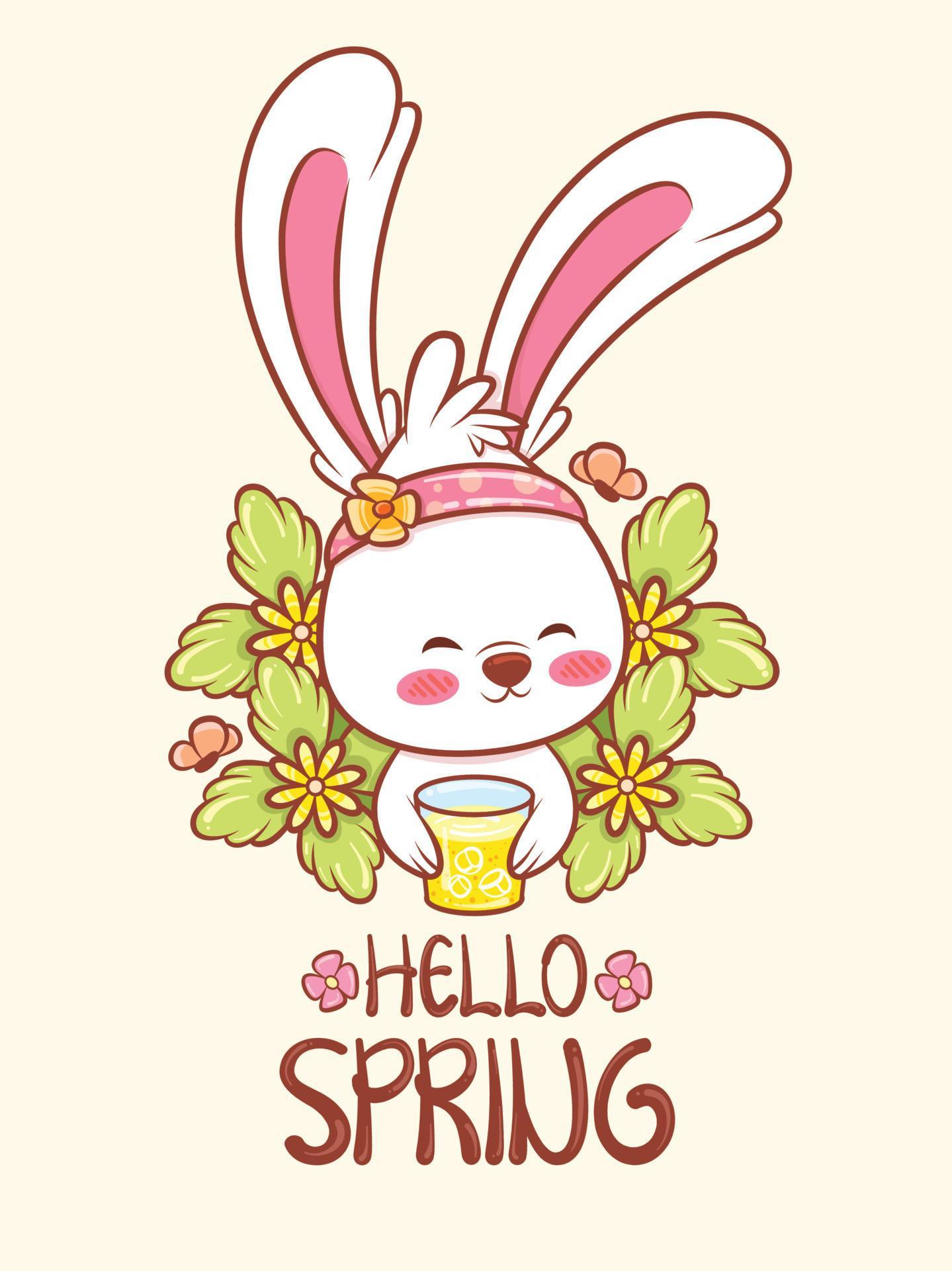 cute bunny with a flower spring. cartoon character illustration hello