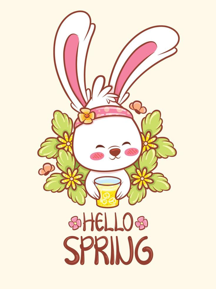 cute bunny with a flower spring. cartoon character illustration hello spring greeting vector