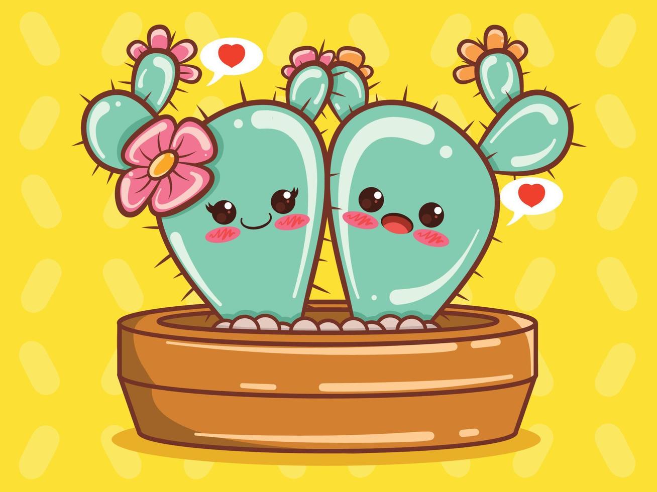 cute cactus couple cartoon character and illustration. vector