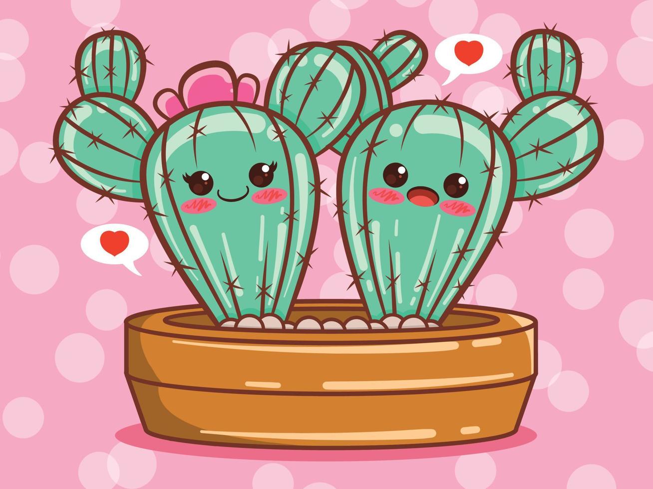 cute cactus couple cartoon character and illustration. vector