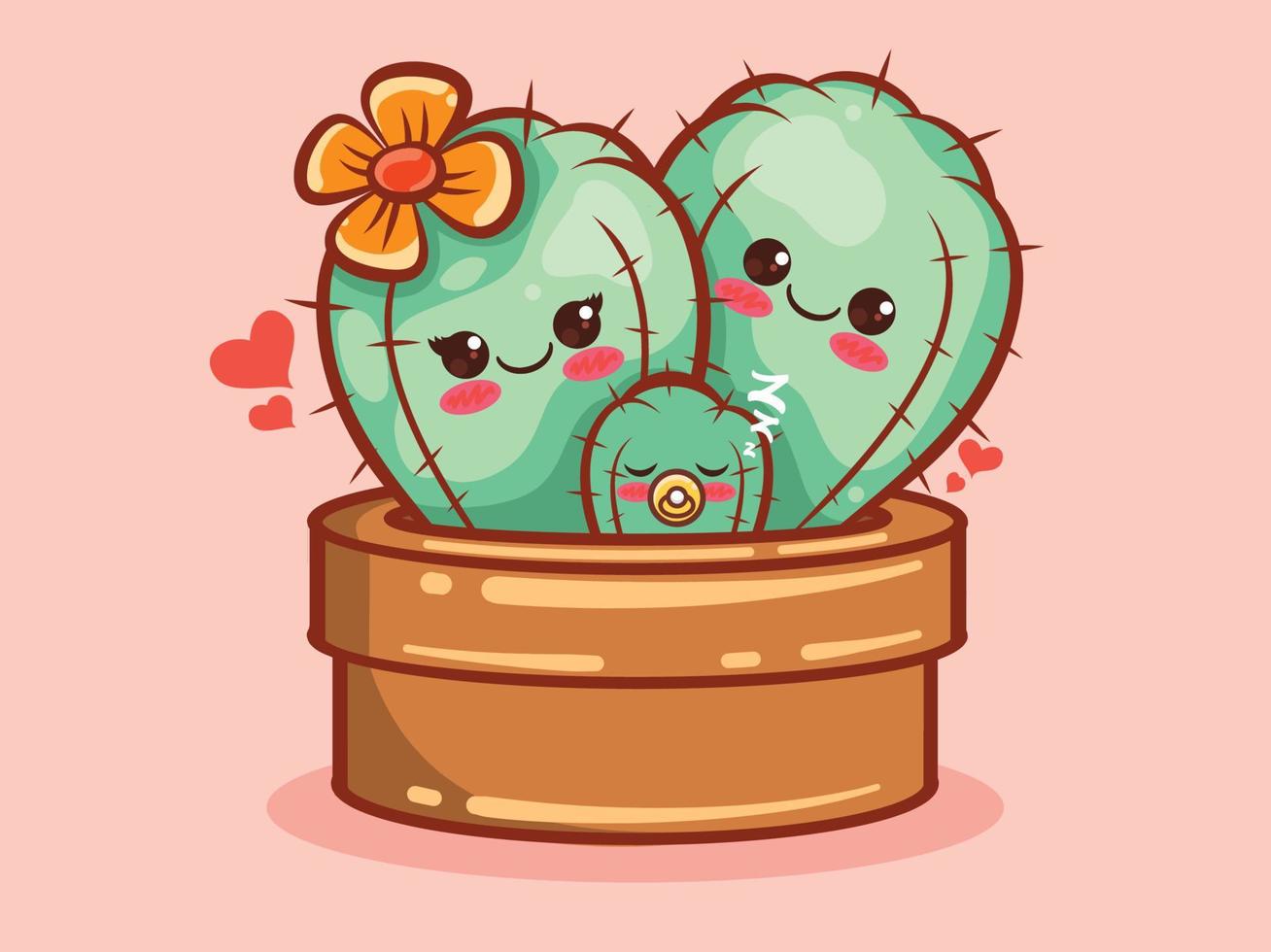 lindo personaje de dibujos animados e ilustración de la familia de cactus. vector