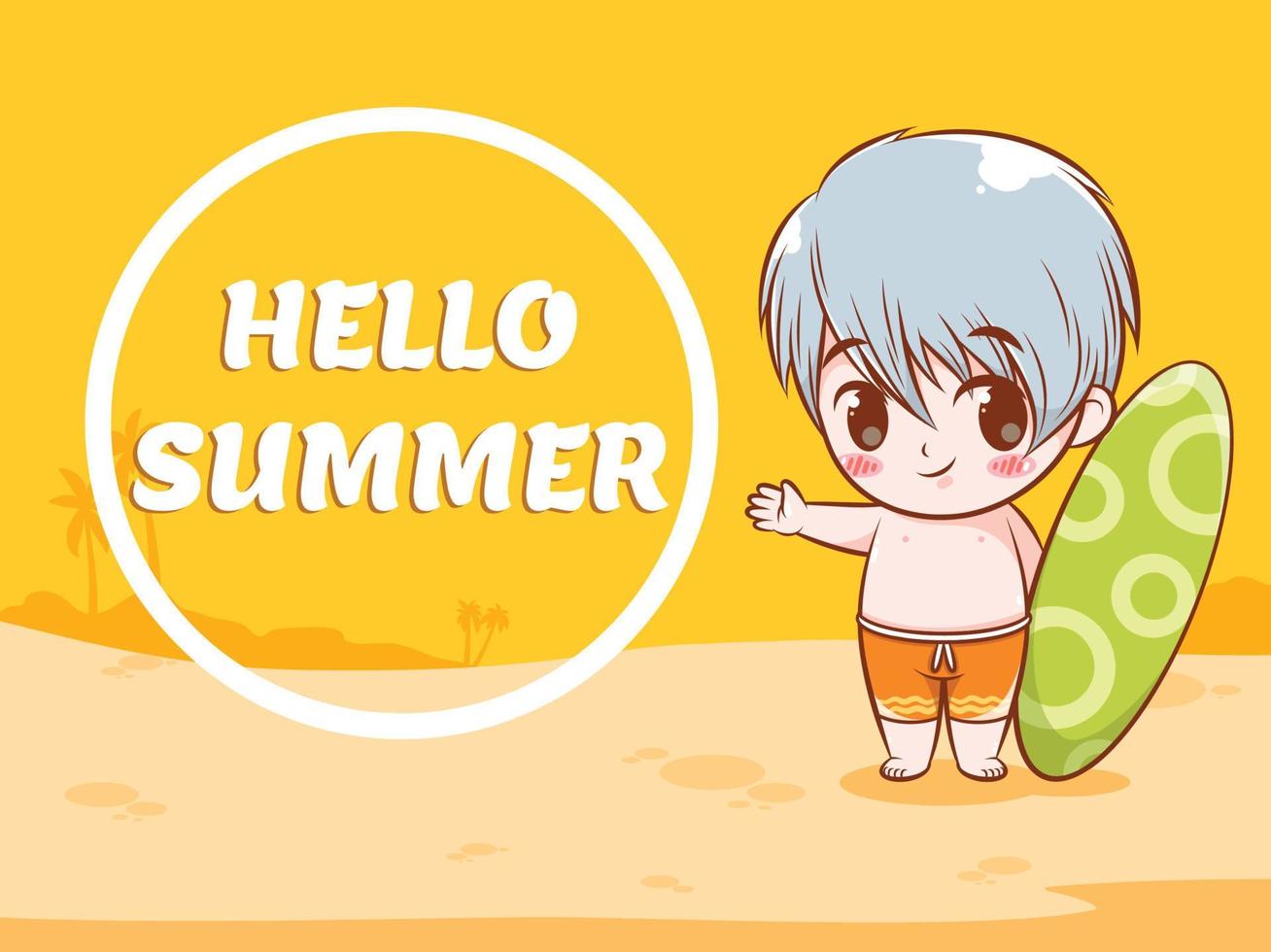 A cute boy says hello summer. summer greeting concept illustration. vector
