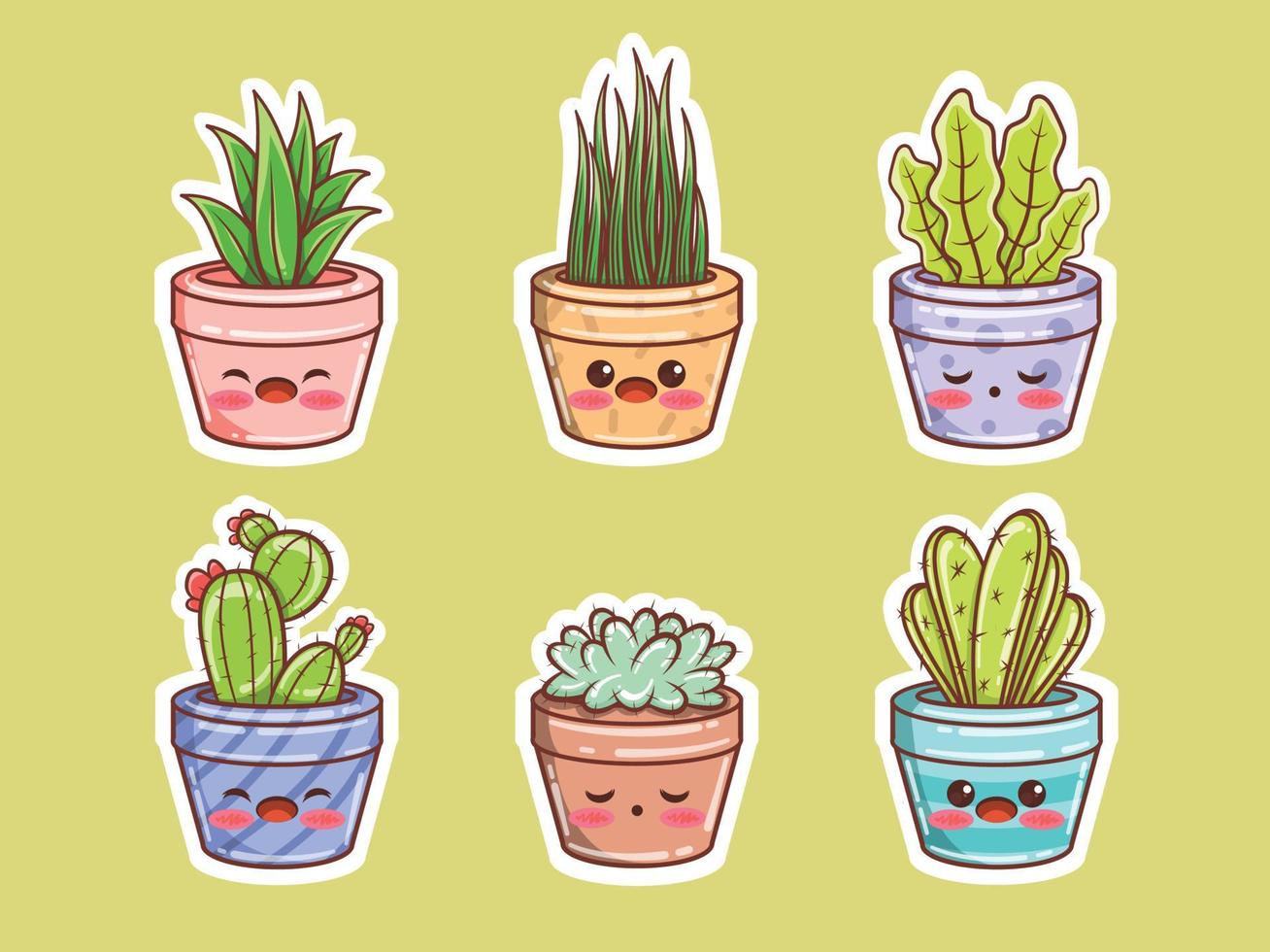 Set of cute succulents plant and cactus cartoon. sticker concept. vector
