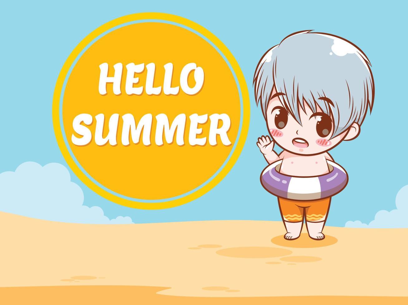 A cute boy says hello summer. summer greeting concept illustration. vector