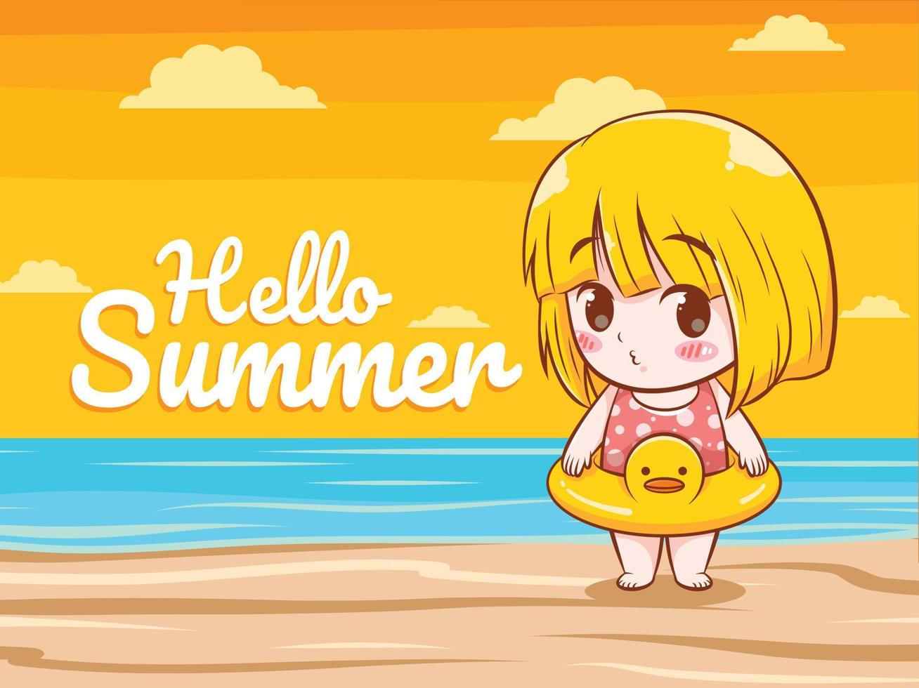 A cute girl says hello summer. summer greeting concept illustration. vector
