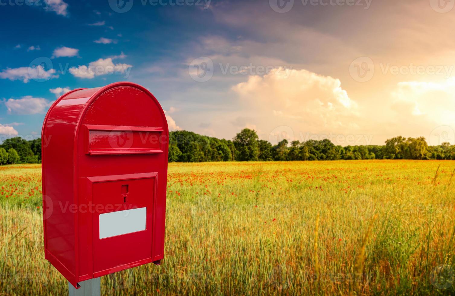 Big red cozy postbox with white empty note space for address is standing outdoor in front of beautiful countryside landscape at sunset background with farm field and poppies flowers. photo