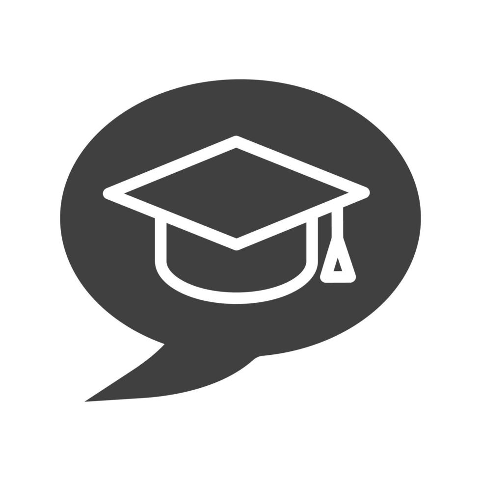 Conversation about studying glyph icon. Let's talk about education. Silhouette symbol. Chat box with student's graduation cap. Negative space. Vector isolated illustration