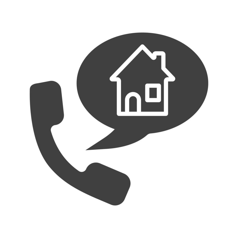Phone rental house reserve glyph icon. Room reservation. Silhouette symbol. Handset with home inside speech bubble. Negative space. Vector isolated illustration