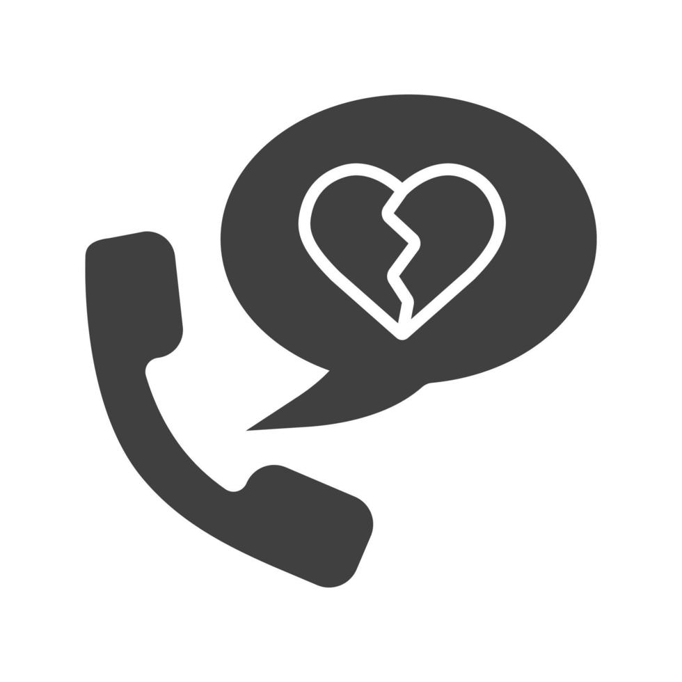 Breakup by phone glyph icon. Silhouette symbol. Handset with heartbreak inside chat bubble. Negative space. Vector isolated illustration