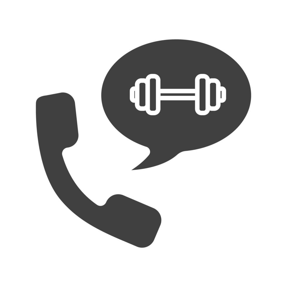 Phone call to gym glyph icon. Silhouette symbol. Handset with barbell inside chat bubble. Negative space. Vector isolated illustration