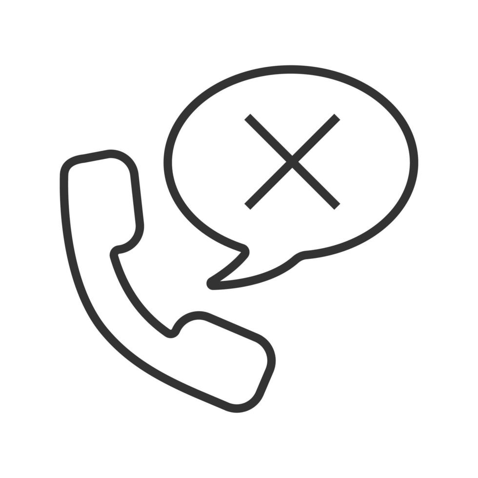 Rejected phone call linear icon. Hang up the phone. Thin line illustration. Handset with cross inside chat box contour symbol. Vector isolated outline drawing