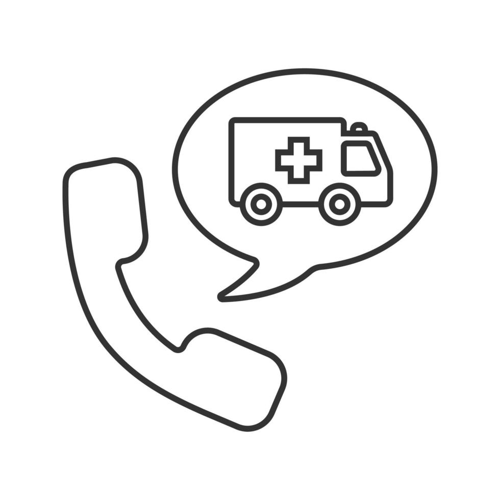 Phone call to ambulance linear icon. Thin line illustration. Handset with emergency car inside chat box contour symbol. Vector isolated outline drawing