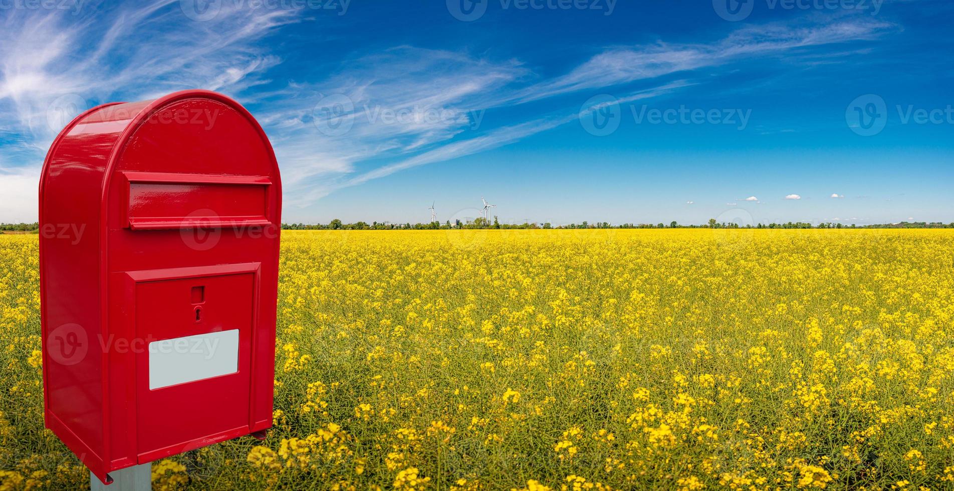 buzón rojo grande y elegante con espacio para notas vacío blanco para la dirección está parado al aire libre frente a un hermoso paisaje rural campo agrícola con raps amarillos, flores y cielo azul foto