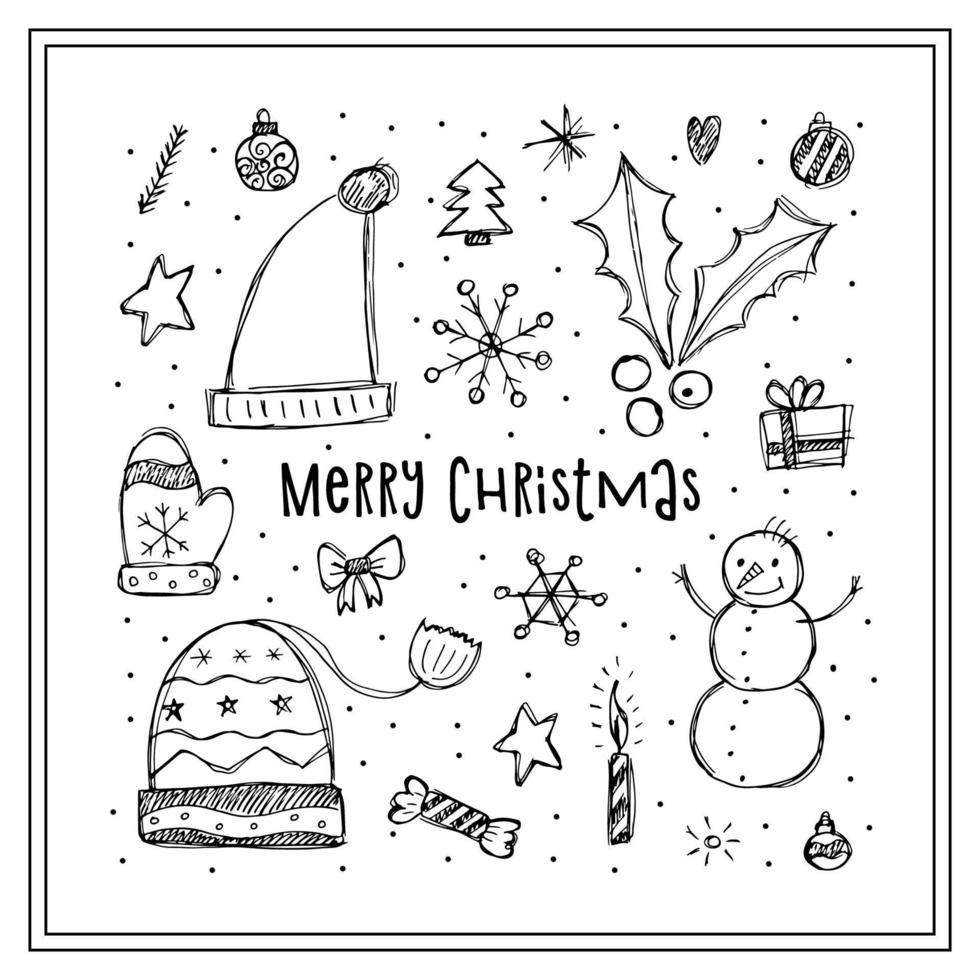 A set of winter elements in the doodle style. Hand-drawn illustration in a square frame. Happy New Year 2022. Merry Christmas. vector