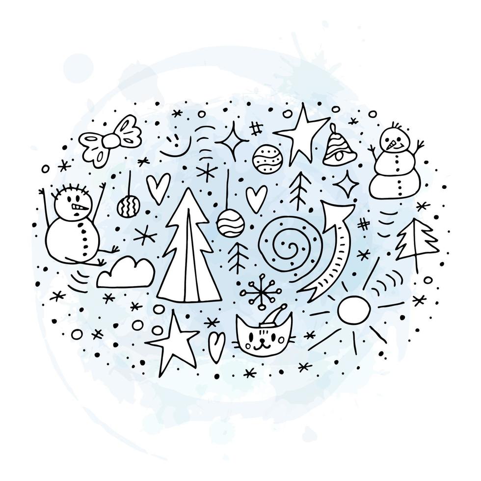 A set of doodle elements. Winter 2022. Hand-drawn winter objects on a blue watercolor background. vector