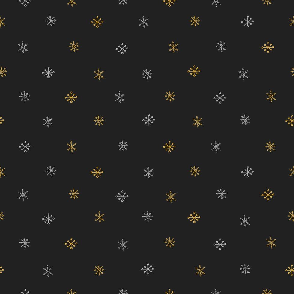 Seamless pattern in doodle style. Winter endless illustration is hand-drawn. Happy New Year 2022 and Merry Christmas. Gold and silver snowflakes on a dark gray background. vector