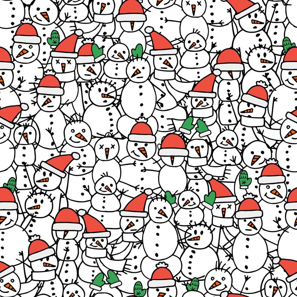 patrón sin costuras en estilo doodle. La ilustración sin fin de invierno está dibujada a mano. feliz año nuevo 2022 y feliz navidad. muñecos de nieve blancos y negros con sombreros rojos, guantes verdes y nariz naranja. vector