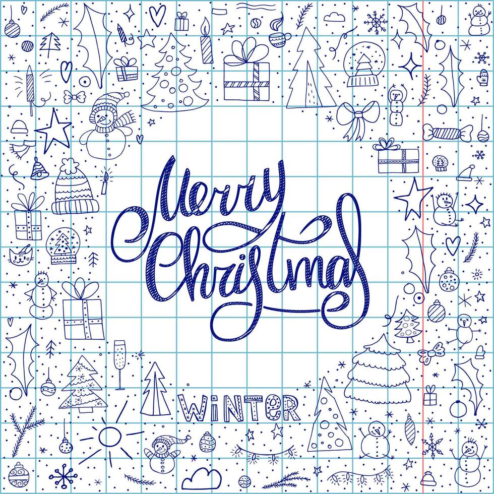 conjunto de elementos de doodle de invierno. objetos dibujados a mano con letras escritas a mano. feliz navidad y próspero año nuevo 2022. boceto con un bolígrafo azul en un cuaderno a cuadros. vector