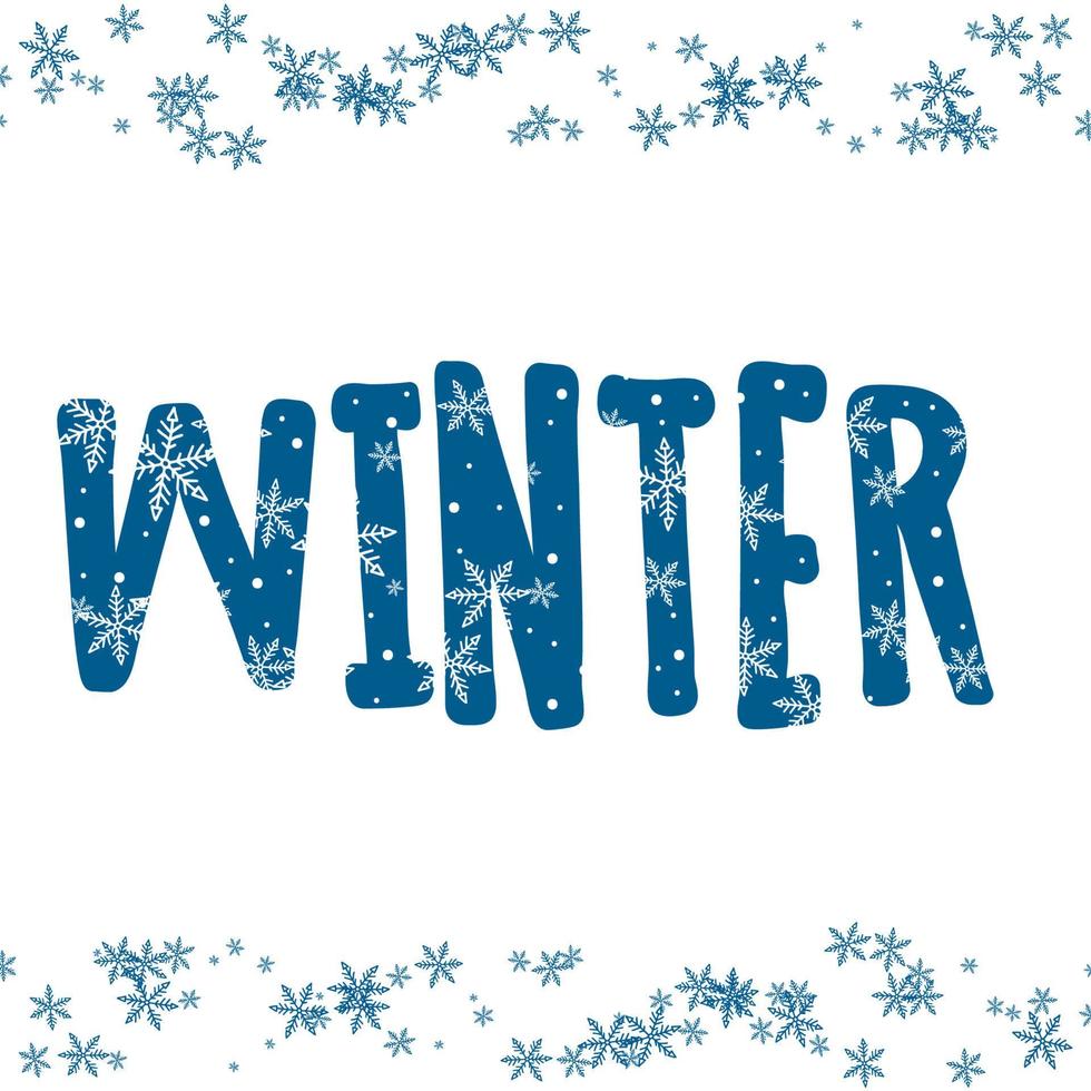 Inscription on a white background with blue snowflakes. Winter. 2022. Vector illustration.