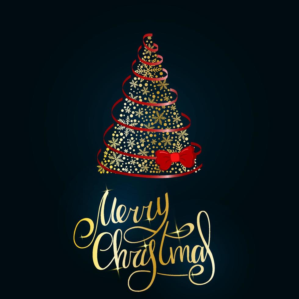 Merry Christmas. Golden Handwritten lettering with lush golden Christmas tree made of snowflakes with red ribbons and bow on a dark blue background. New Year 2022. vector