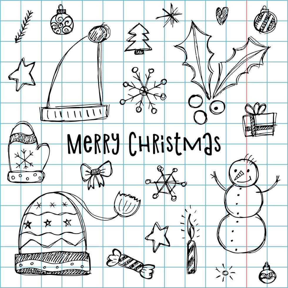 A set of winter elements in the doodle style with letternig. A hand-drawn illustration on the background of a checkered notebook. Happy New Year 2022. Merry Christmas. vector