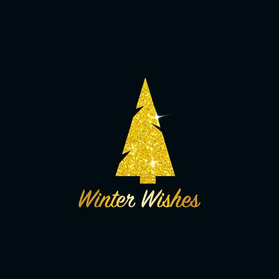 Sparkling Christmas Tree. Golden Metallic glitter icon on a dark blue background. Merry Christmas and Happy New Year 2022. Vector illustration.