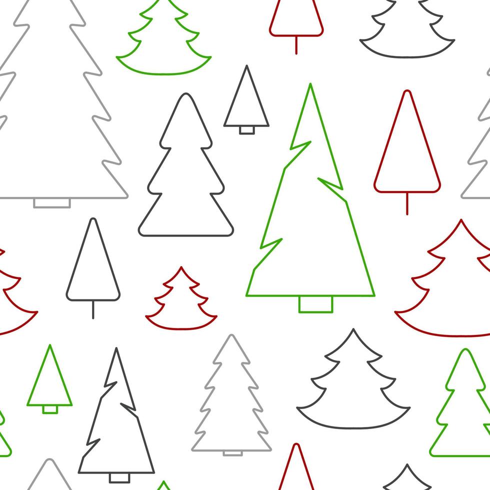 Seamless pattern of simple Christmas trees. Endless winter background. Vector illustration. Multicolored Christmas trees on a white background.