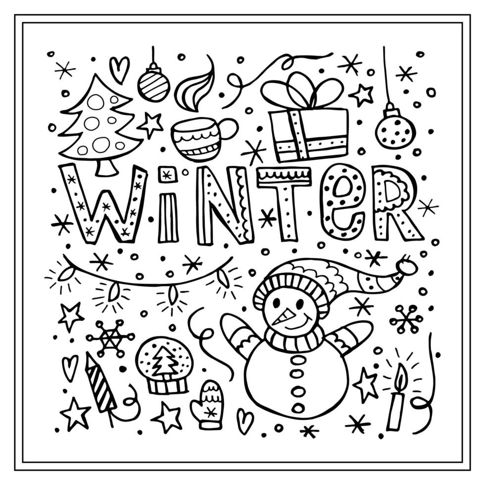 A set of winter elements in the doodle style. Hand-drawn illustration in a square frame. Happy New Year 2022. Merry Christmas. vector