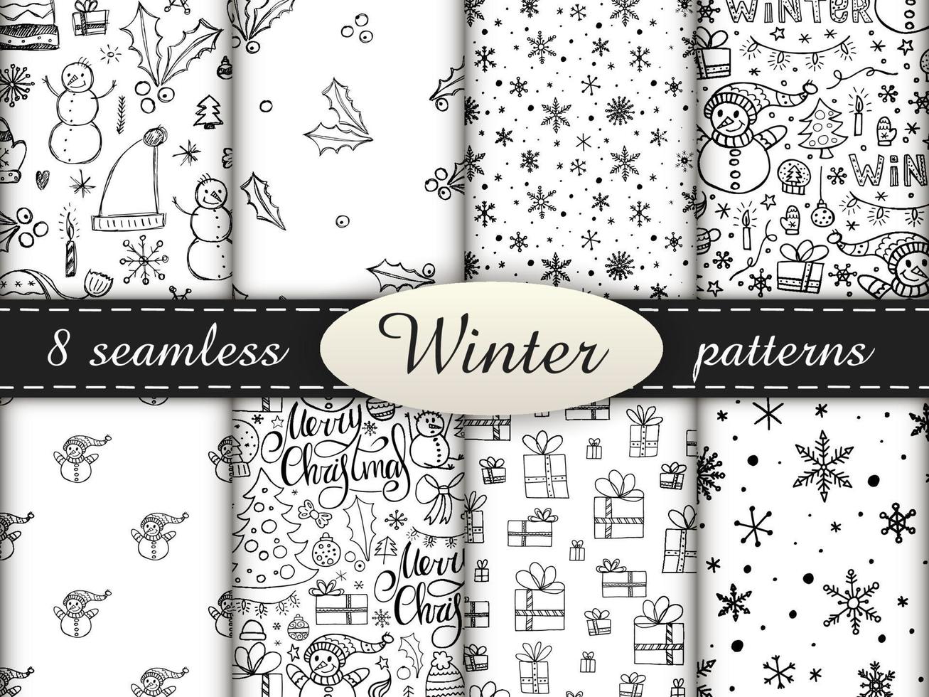 8 seamless patterns in doodle style. Winter endless illustration is hand-drawn. Happy New Year 2022 and Merry Christmas. Black and white elements on a white background. vector