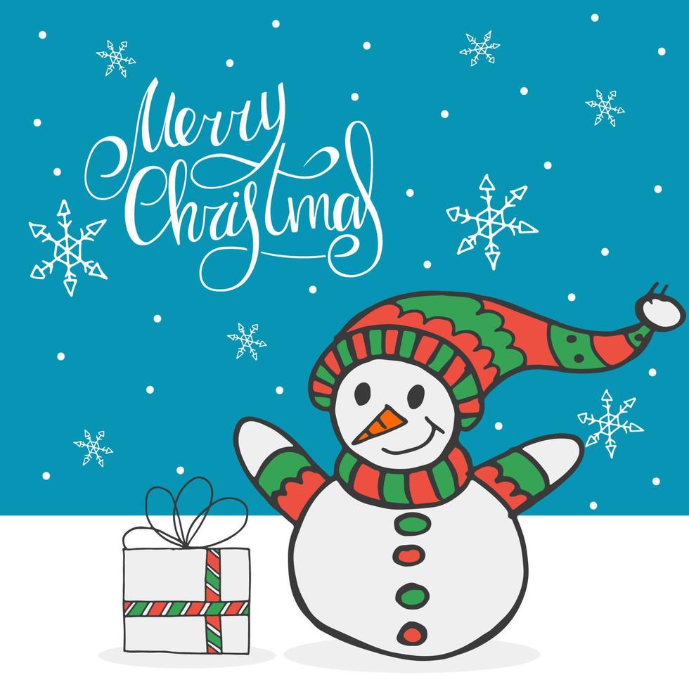 A snowman in a red and green hat and scarf with a gift on the background of falling snowflakes. Handwritten lettering - Merry Christmas. Happy New Year 2022. Hand-drawn doodle. vector