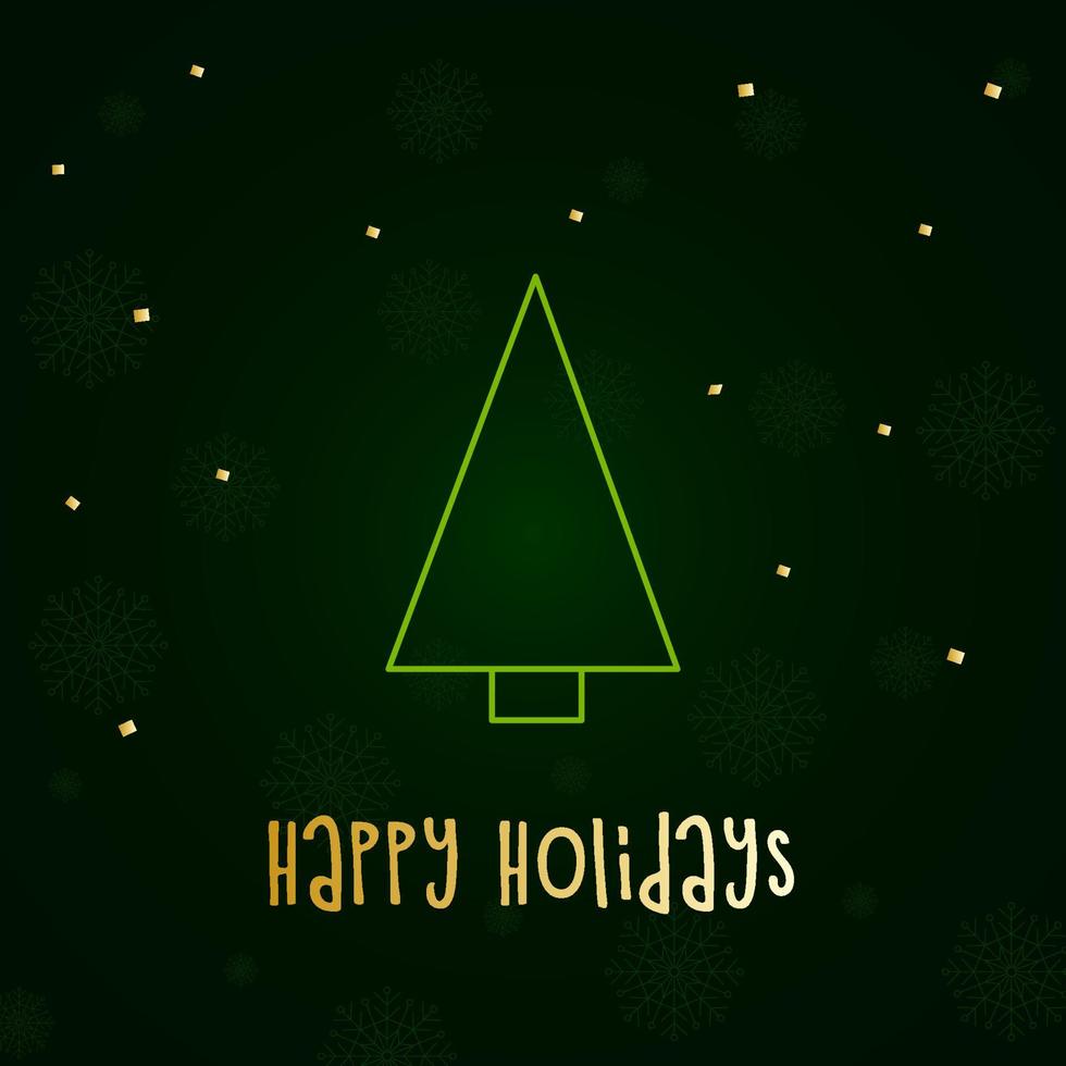 Green silhouette of a Christmas tree with snow and golden stars. Merry Christmas and Happy New Year 2022. Vector illustration. Happy Holidays.