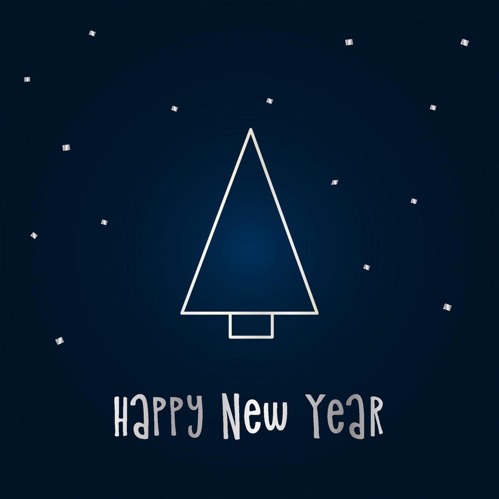 Silver silhouette of a Christmas tree with snow on a dark blue background. Merry Christmas and Happy New Year 2022. Vector illustration.