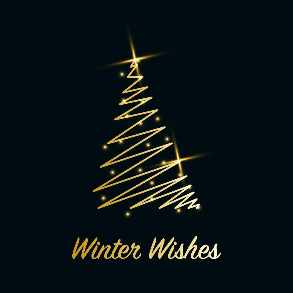 Sparkling Christmas Tree with shiny dust. Golden metallic outline icon with stars on dark blue background. Merry Christmas and Happy New Year 2022. Golden Metallic. Vector illustration. Winter Wishes.