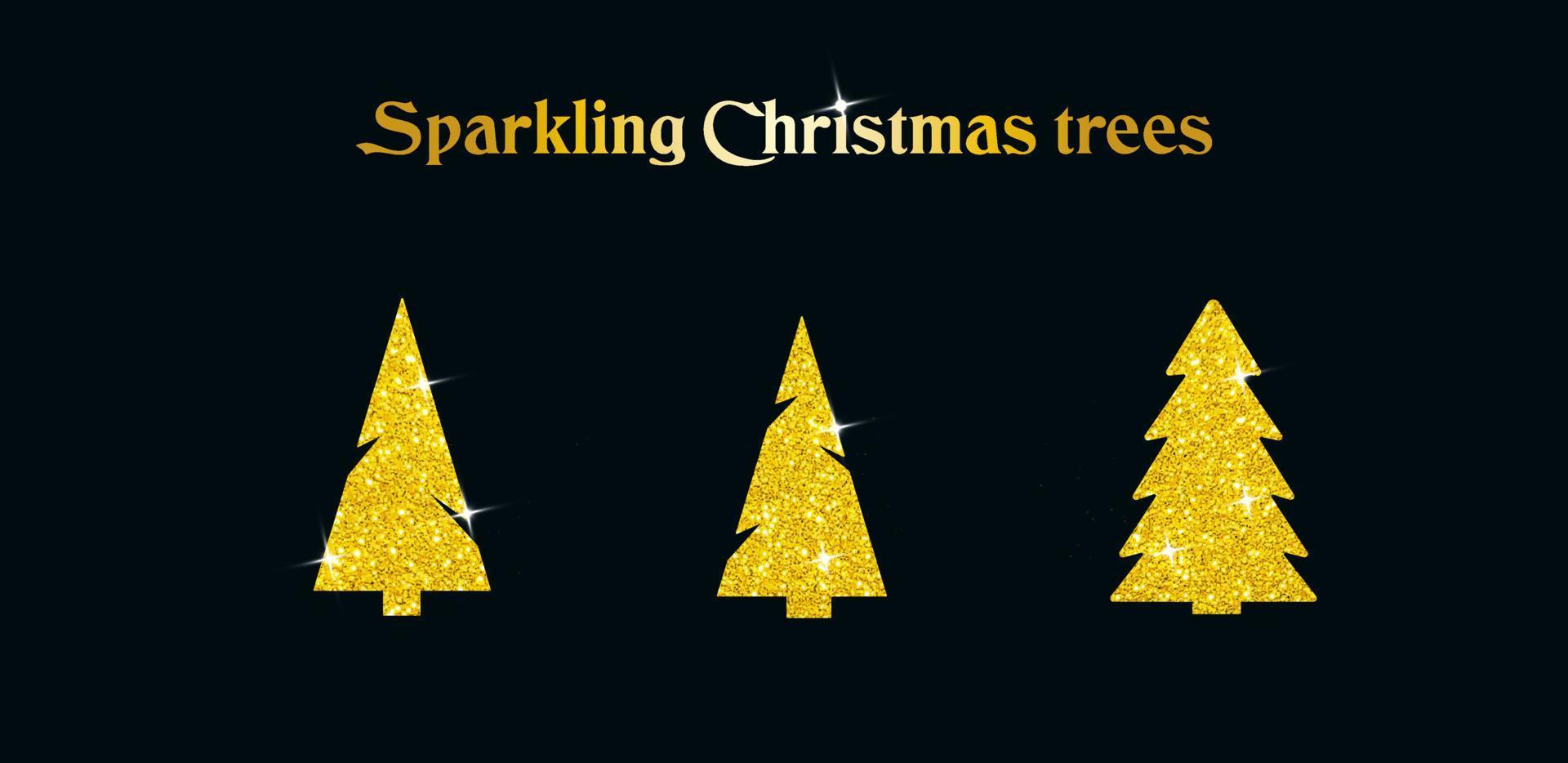 Sparkling Christmas Tree. Golden metallic. Merry Christmas and Happy New Year 2022. Vector illustration.