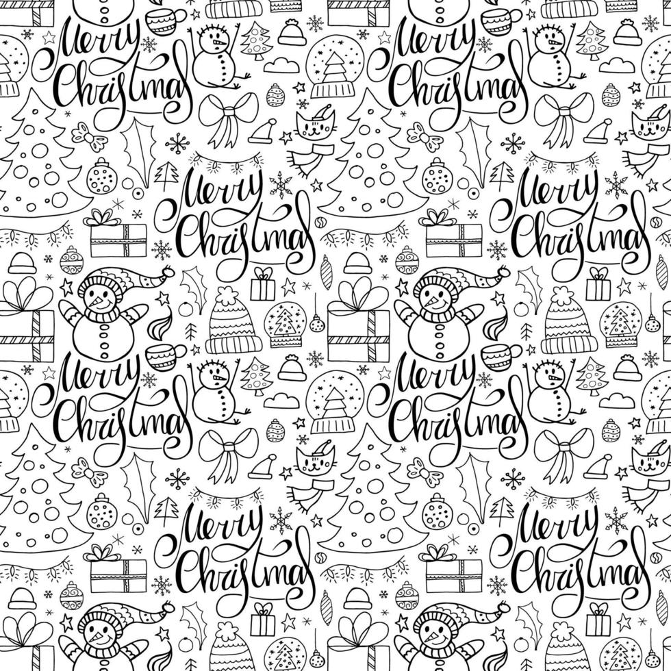 Seamless pattern in doodle style. Winter endless illustration is hand-drawn. Happy New Year 2022 and Merry Christmas. Handwritten lettering, Christmas tree with toys, snowmen and other winter elements vector