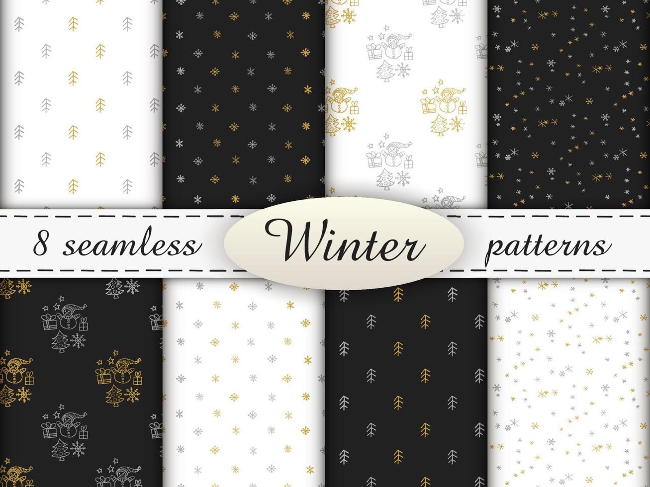 8 seamless patterns in doodle style. Winter endless illustration is hand-drawn. Happy New Year 2022 and Merry Christmas. Golden and silver elements on a white and a dark gray backgrounds. vector