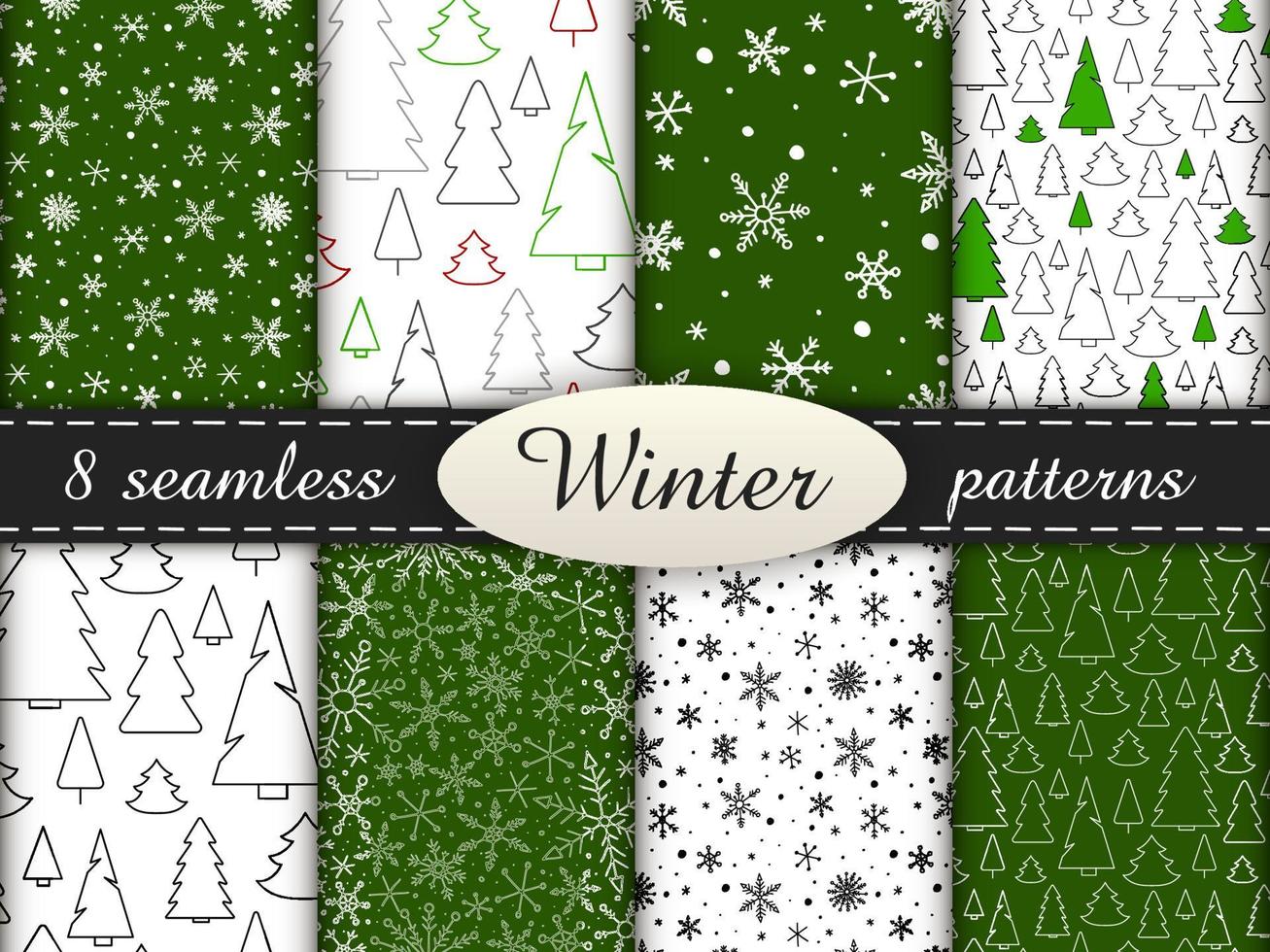 conjunto de 8 patrones sin fisuras simples. fondos interminables de invierno de colores con copos de nieve y árboles de Navidad. ilustración vectorial verde y blanco. vector