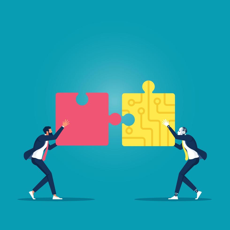 Robot and businessman connect jigsaw puzzle, Cooperation of artificial intelligence and business, Machine learning partnership vector