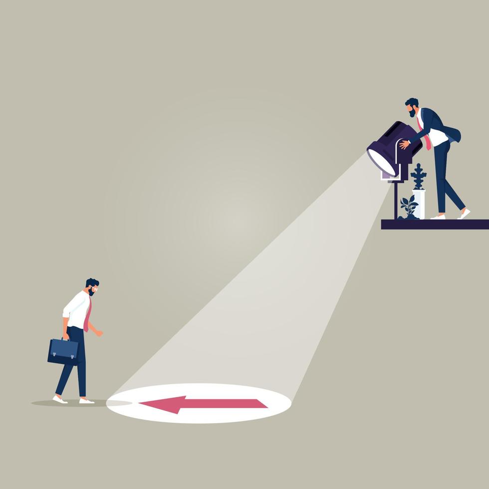 businessman holding spotlight uncovering hidden arrow sign, showing the way of business for partner, Uncovering Direction vector concept