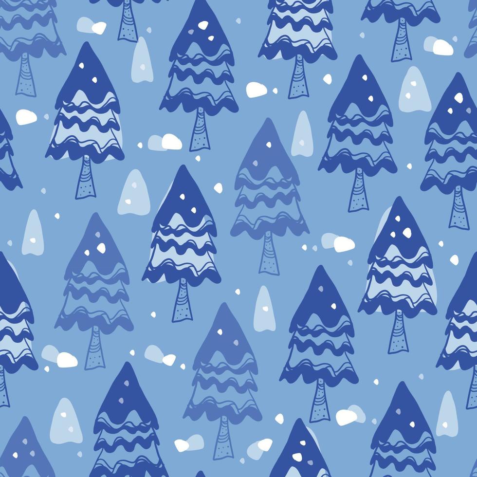 seamless christmas pattern background with blue pine tree and white snowflakes vector