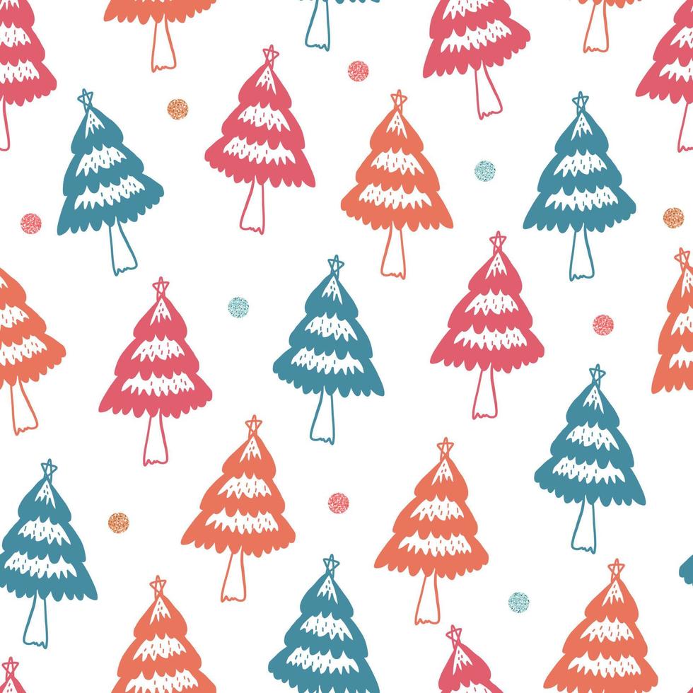 seamless christmas pattern background with hand draw multicolour pine tree and polka dot glitter vector