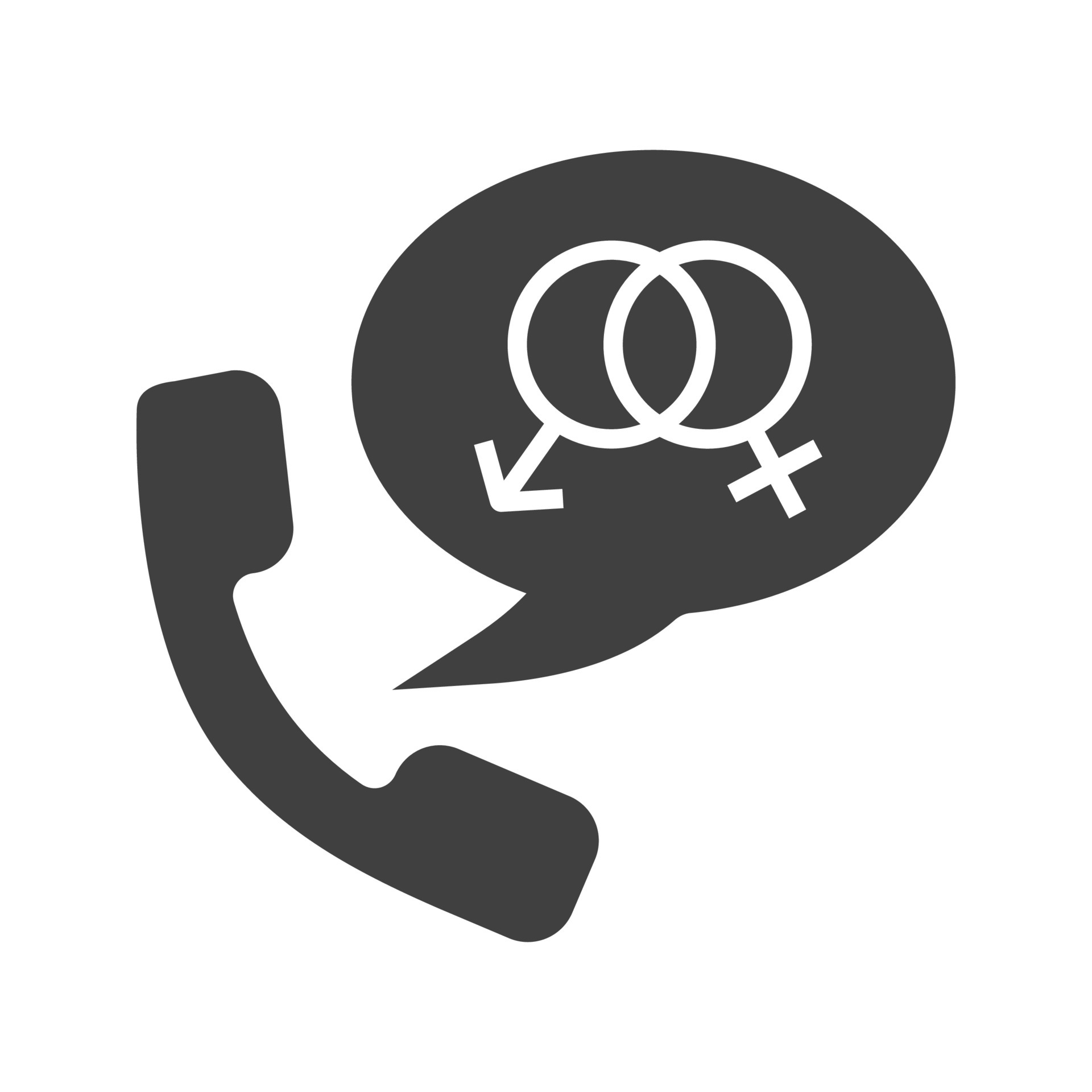 Phone sex glyph icon. Silhouette symbol. Handset with man and woman gender signs inside speech bubble picture