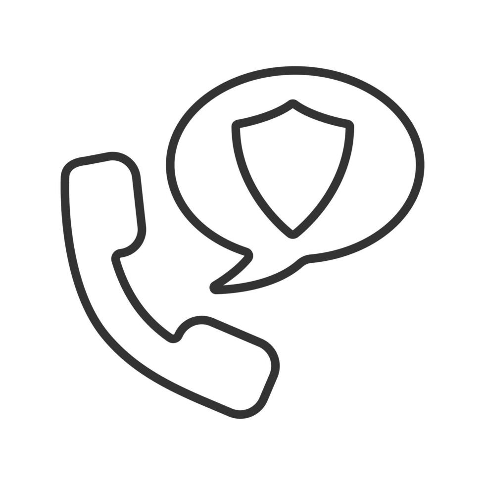 Phone communication security linear icon. Thin line illustration. Handset with protection shield inside chat bubble. Contour symbol. Vector isolated outline drawing