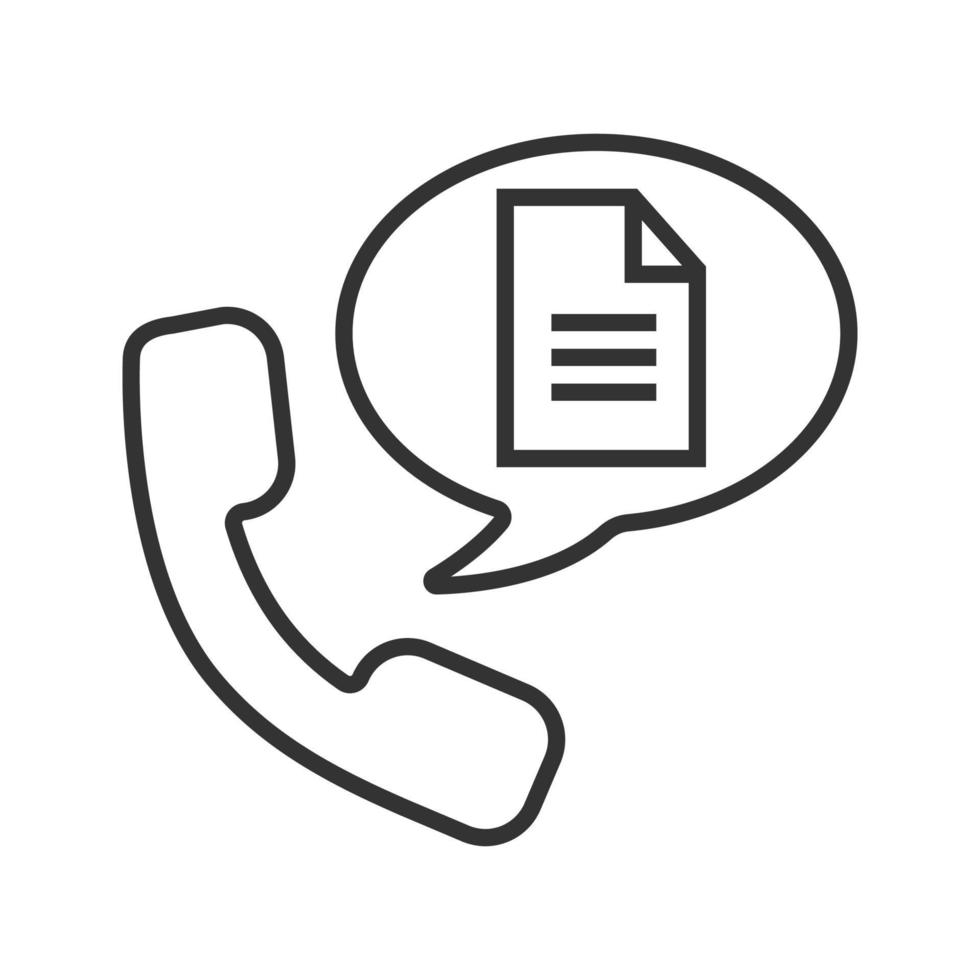 Phone call for instructions linear icon. Thin line illustration. Handset with document inside speech bubble. Contour symbol. Vector isolated outline drawing