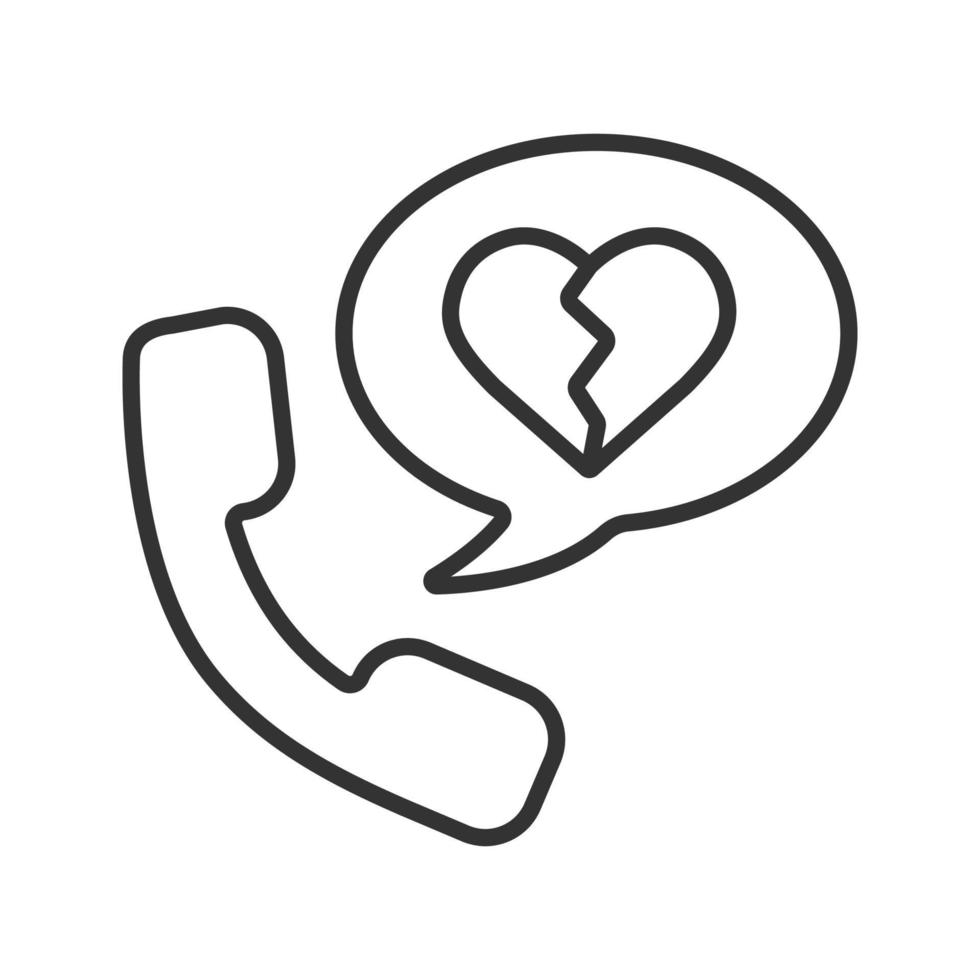 Breakup by phone linear icon. Thin line illustration. Handset with heartbreak inside chat bubble. Contour symbol. Vector isolated outline drawing