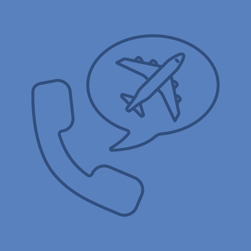 Plane tickets order by phone color linear icon. Handset with airplane inside chat box. Call to travel agency. Thin line outline symbols on color background. Vector illustration