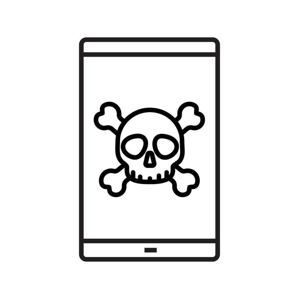 Smartphone virus linear icon. Death screen. Thin line illustration. Smart phone with skull and crossbones contour symbol. Vector isolated outline drawing