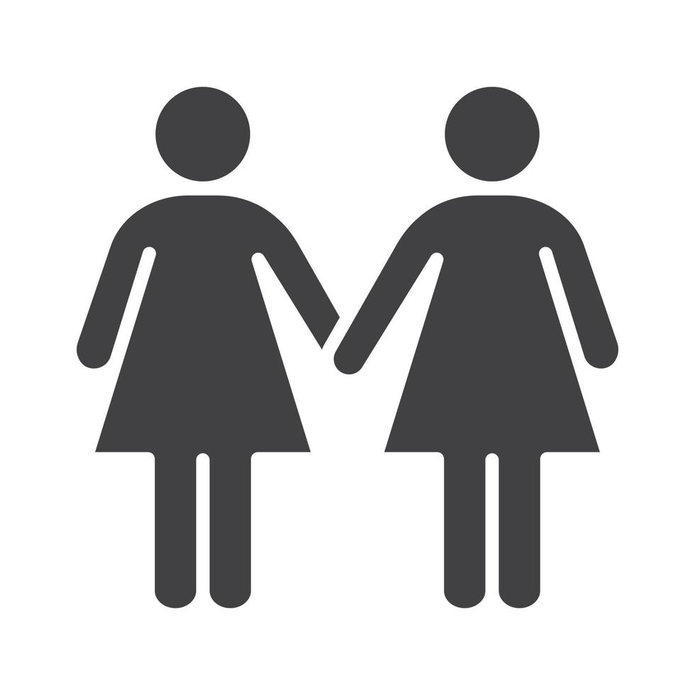 Lesbians glyph icon. Homosexual couple silhouette symbol. Two women holding hands. Negative space. Vector isolated illustration